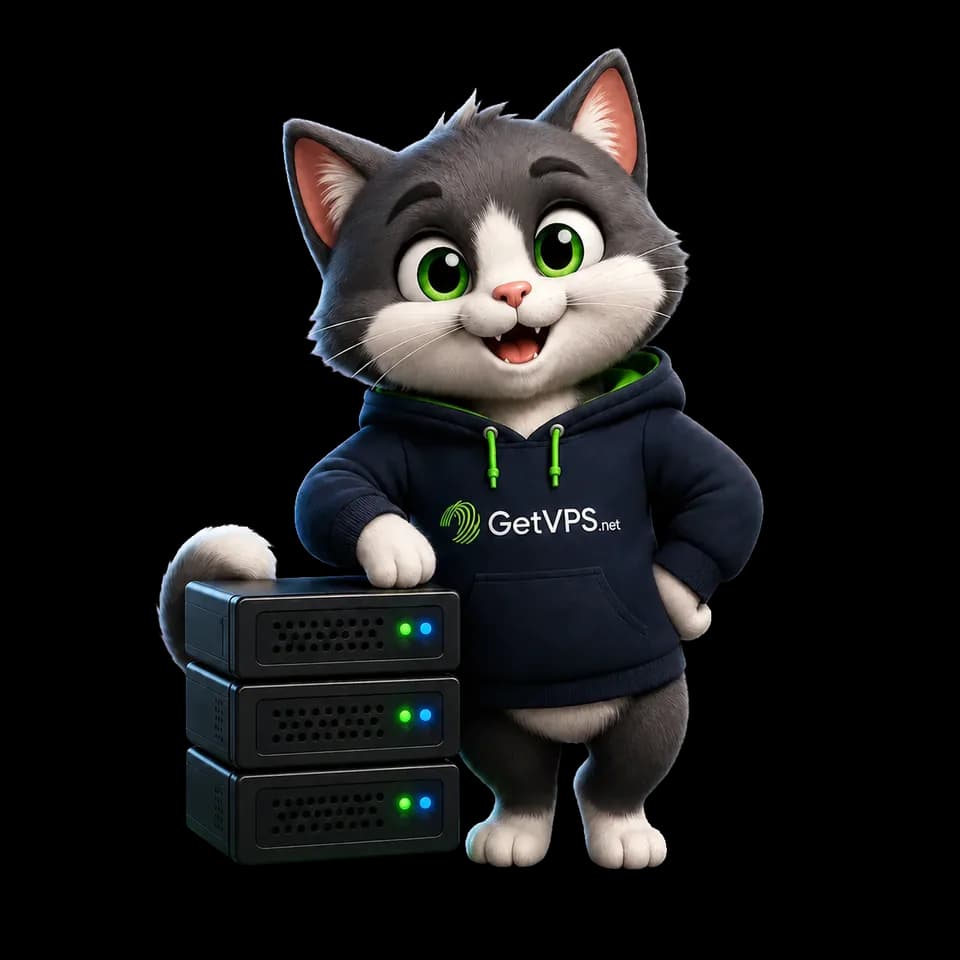 GetVPS network operator mascot beside a stack of edge servers